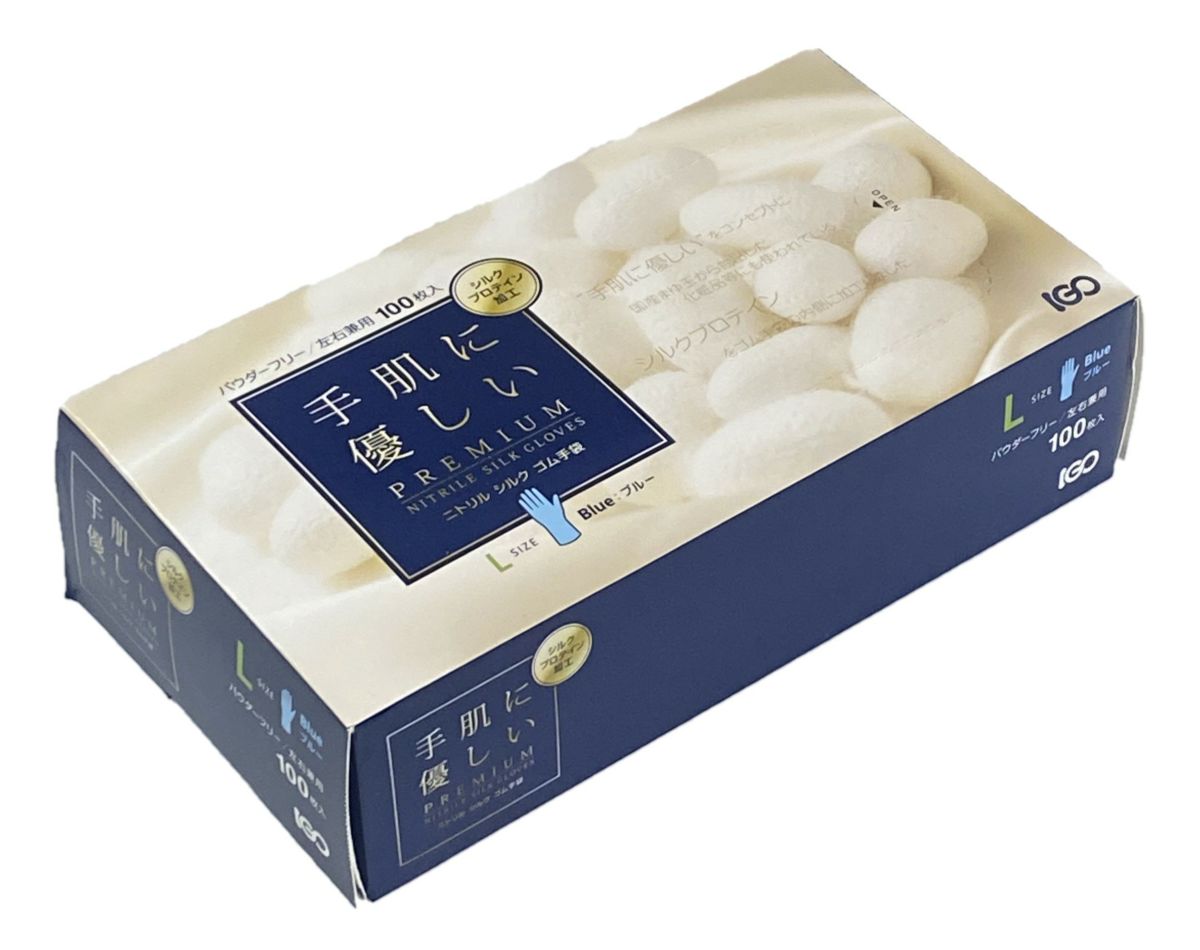 ニトリルシルクゴム手袋　パウダー無ブルーカラー　サイズL　１００枚入り３０箱 (１カートン)